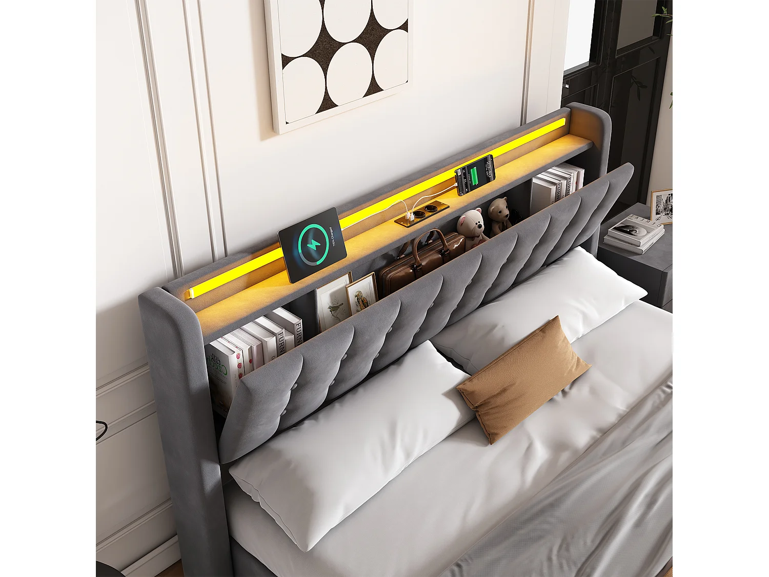 Lit coffre 180x200 cm avec LED, 2 tiroirs, port USB et tête de lit avec rangement, en velours, gris foncé, sans matelas