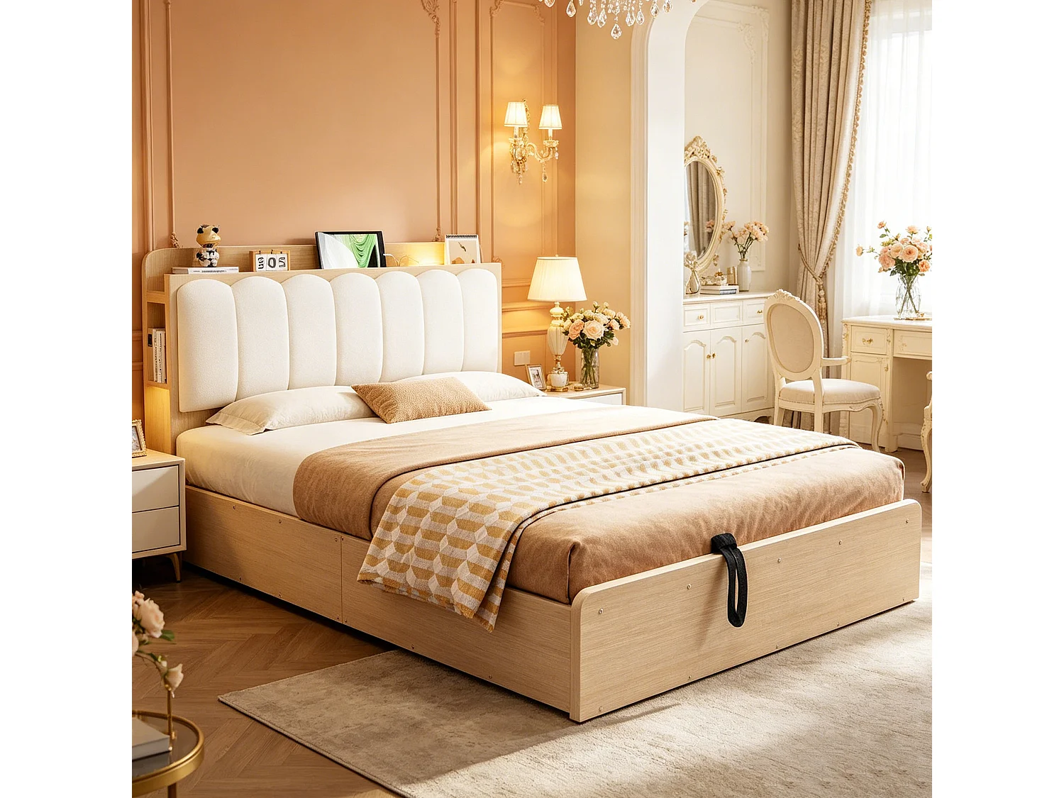 Lit coffre 140x200 cm avec rangement sous sommier, tête de lit avec rangements et USB, en bois, naturel, sans matelas