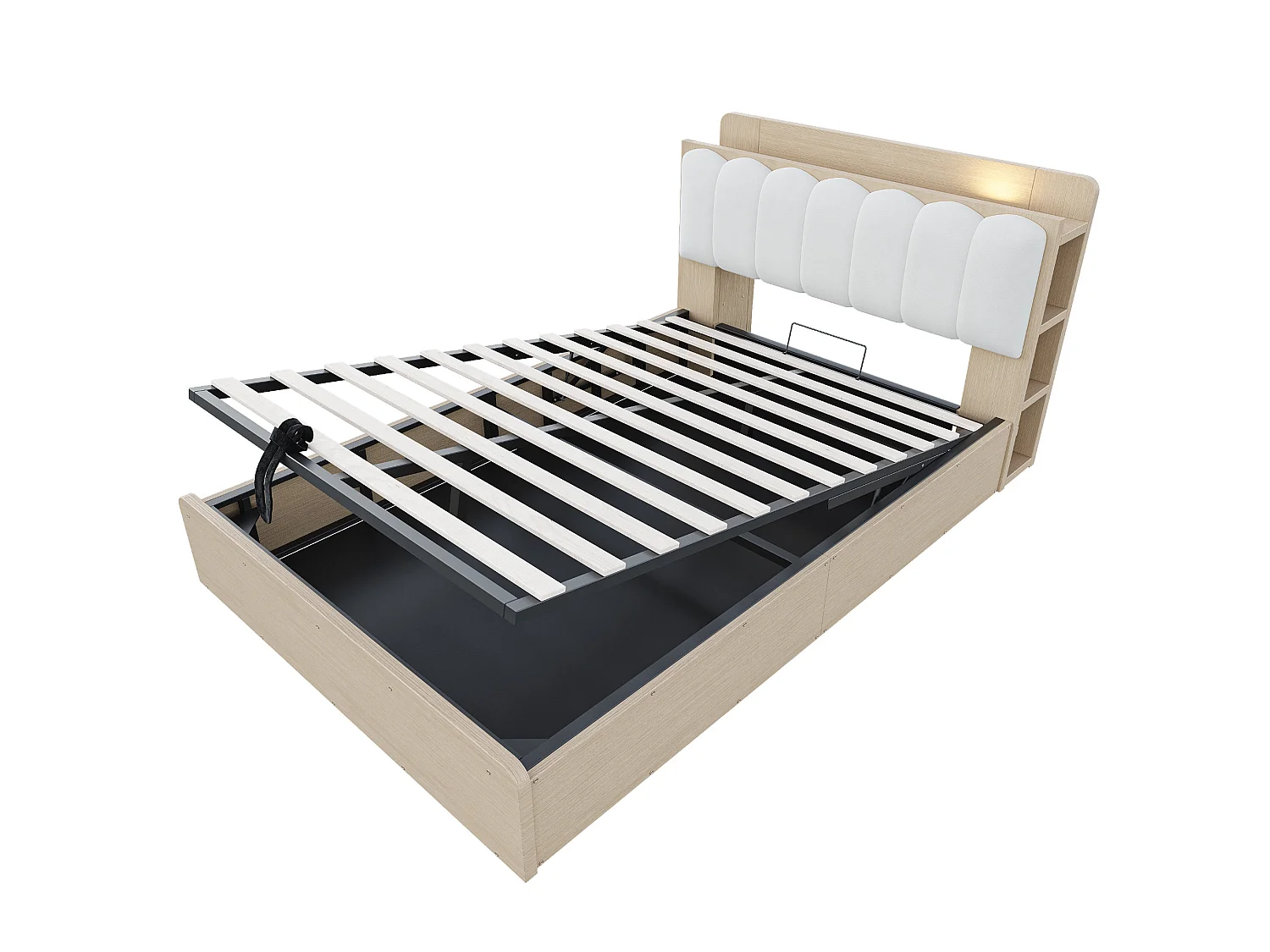 Lit coffre 140x200 cm avec rangement sous sommier, tête de lit avec rangements et USB, en bois, naturel, sans matelas