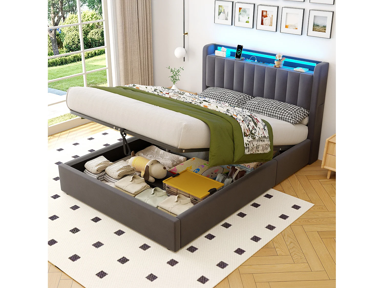 Lit coffre 140x190 cm avec LED, port USB, tête de lit avec rangement et sommier inclus, en velours, gris foncé, sans matelas