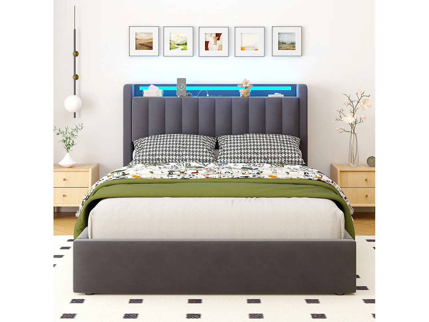 Lit coffre 140x190 cm avec LED, port USB, tête de lit avec rangement et sommier inclus, en velours, gris foncé, sans matelas