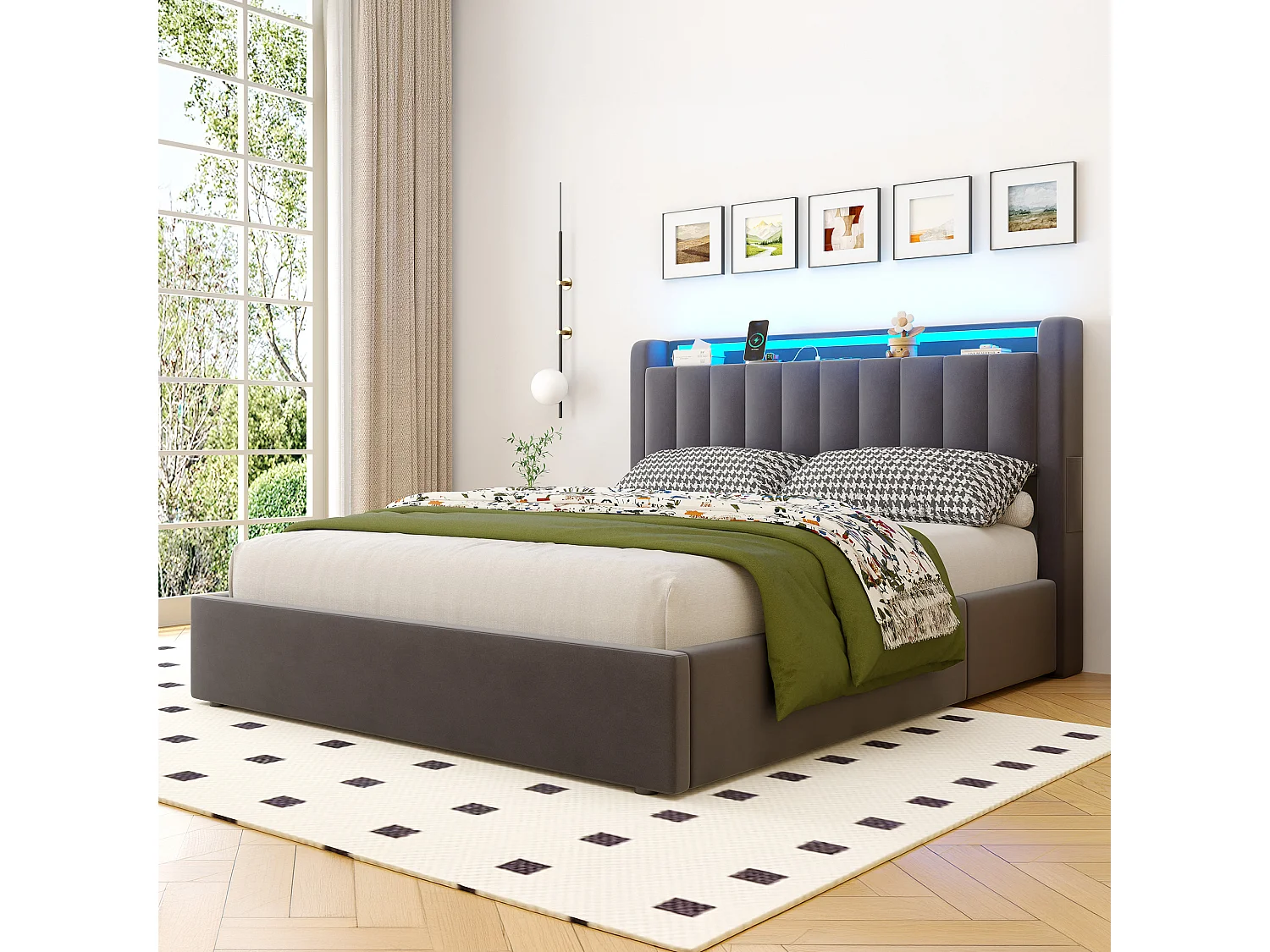 Lit coffre 140x190 cm avec LED, port USB, tête de lit avec rangement et sommier inclus, en velours, gris foncé, sans matelas