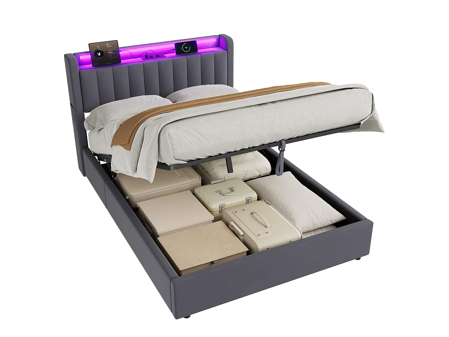 Lit coffre 140x190 cm avec LED, port USB, tête de lit avec rangement et sommier inclus, en velours, gris foncé, sans matelas
