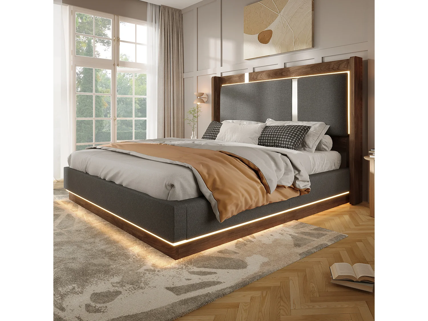 Opbergbed 140x190 cm met LED, hoofdbord en opbergruimte onder lattenbodem, linnen, grijs/noten, zonder matras