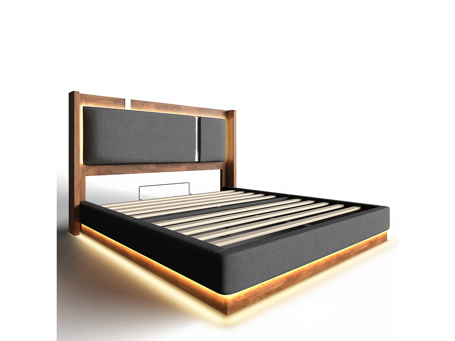 Opbergbed 140x190 cm met LED, hoofdbord en opbergruimte onder lattenbodem, linnen, grijs/noten, zonder matras