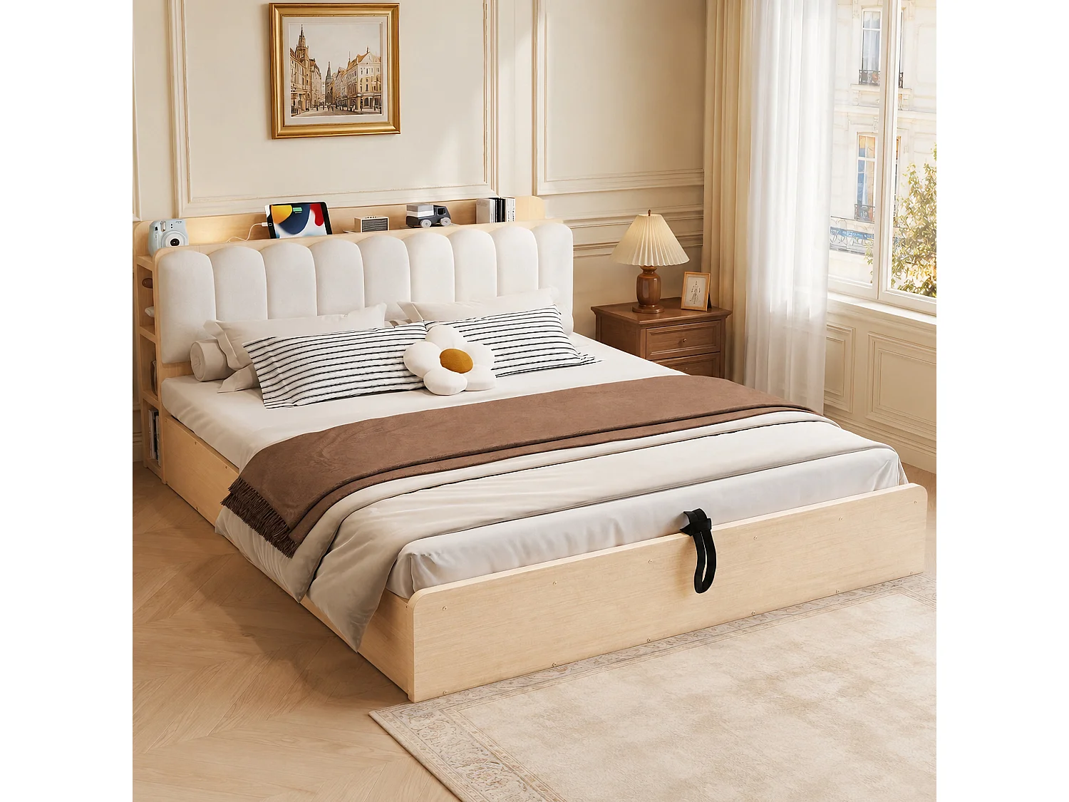 Lit coffre 180x200 cm avec rangement sous sommier, tête de lit avec rangements et USB, en bois, naturel, sans matelas