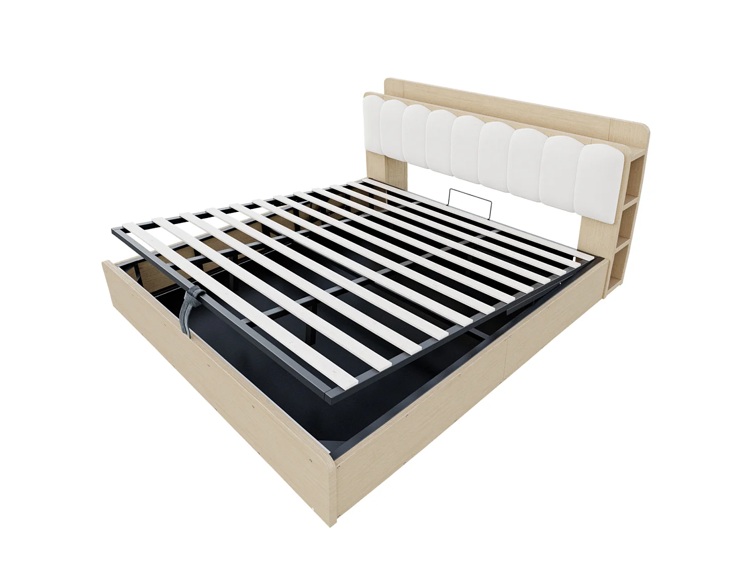 Lit coffre 180x200 cm avec rangement sous sommier, tête de lit avec rangements et USB, en bois, naturel, sans matelas