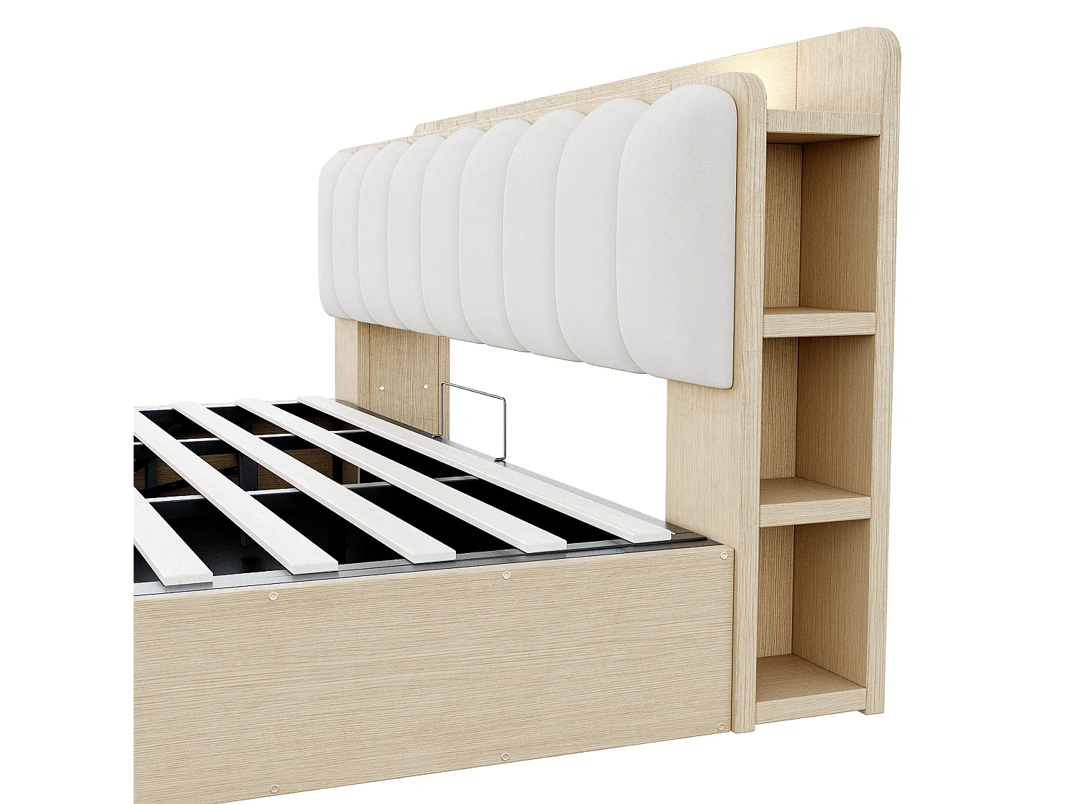 Lit coffre 180x200 cm avec rangement sous sommier, tête de lit avec rangements et USB, en bois, naturel, sans matelas