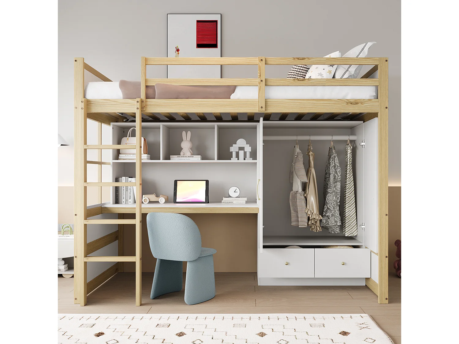 Lit mezzanine 90x200 cm avec bureau, armoire, tiroirs et et rangement, en bois, naturel, sans matelas
