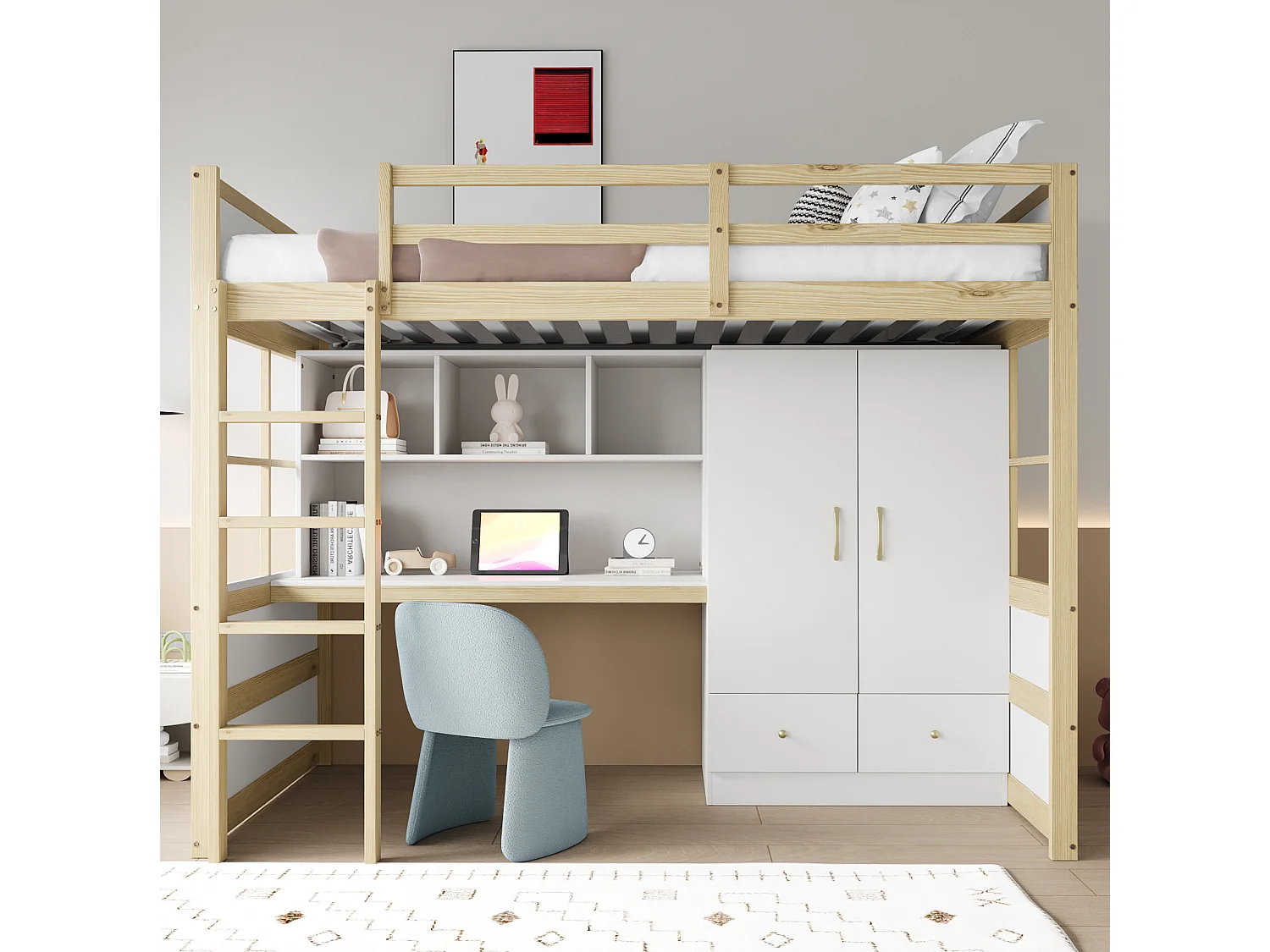 Lit mezzanine 90x200 cm avec bureau, armoire, tiroirs et et rangement, en bois, naturel, sans matelas