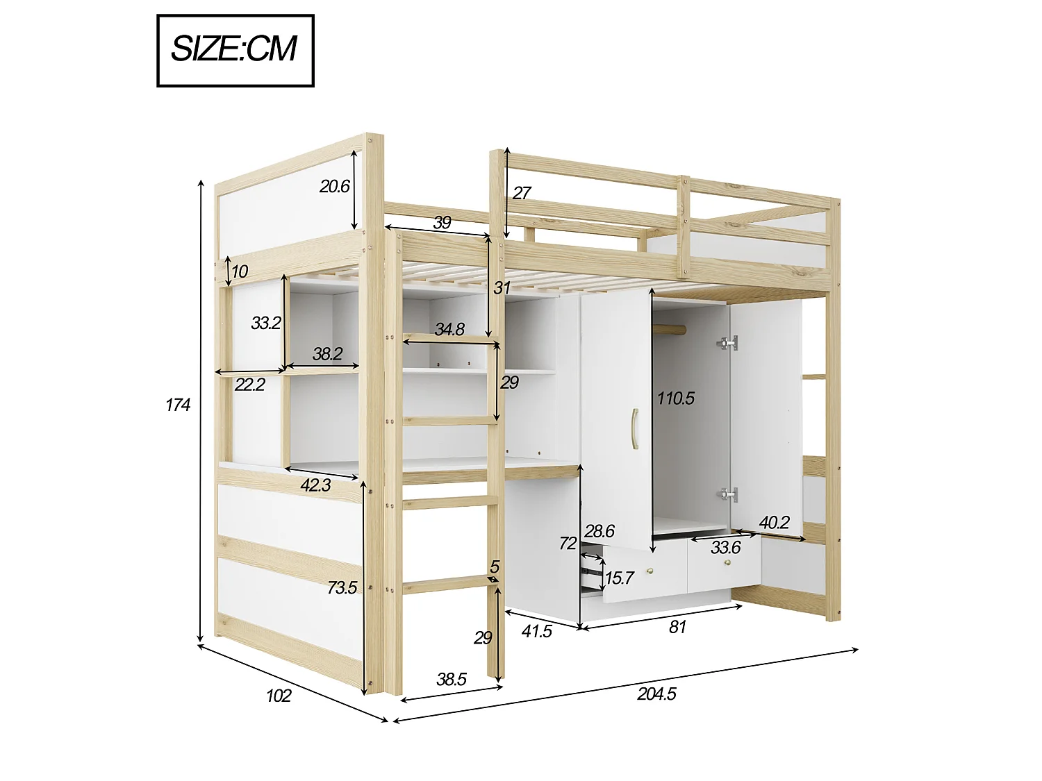 Lit mezzanine 90x200 cm avec bureau, armoire, tiroirs et et rangement, en bois, naturel, sans matelas