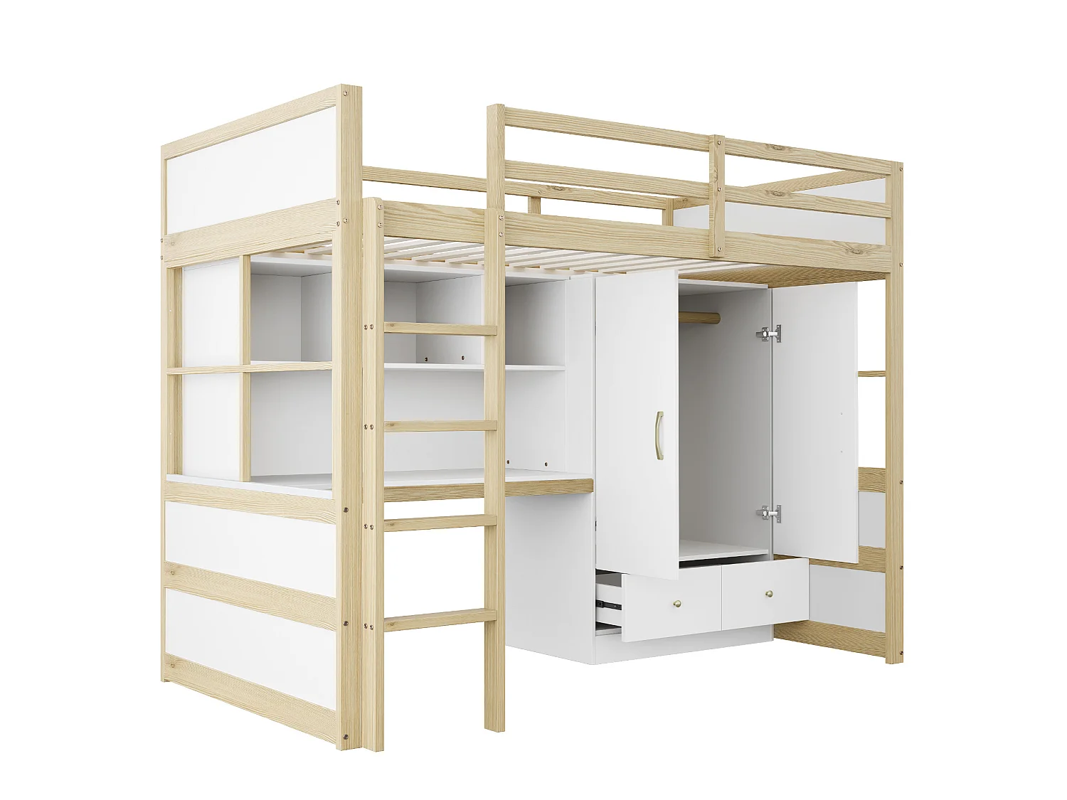 Lit mezzanine 90x200 cm avec bureau, armoire, tiroirs et et rangement, en bois, naturel, sans matelas
