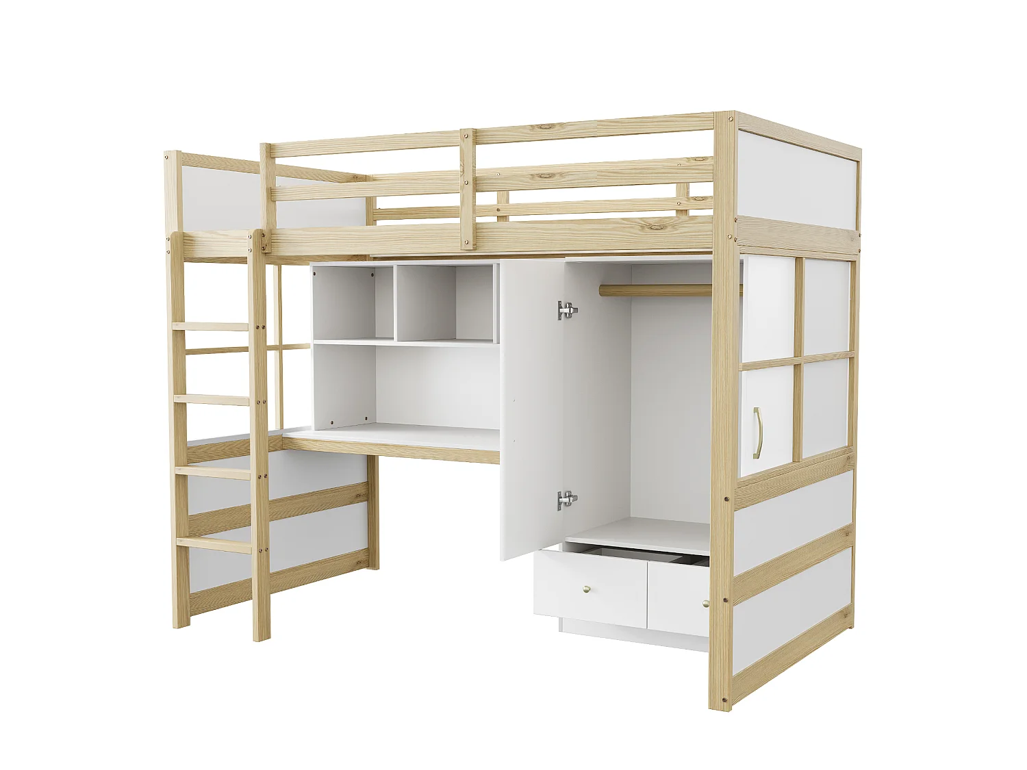Lit mezzanine 90x200 cm avec bureau, armoire, tiroirs et et rangement, en bois, naturel, sans matelas