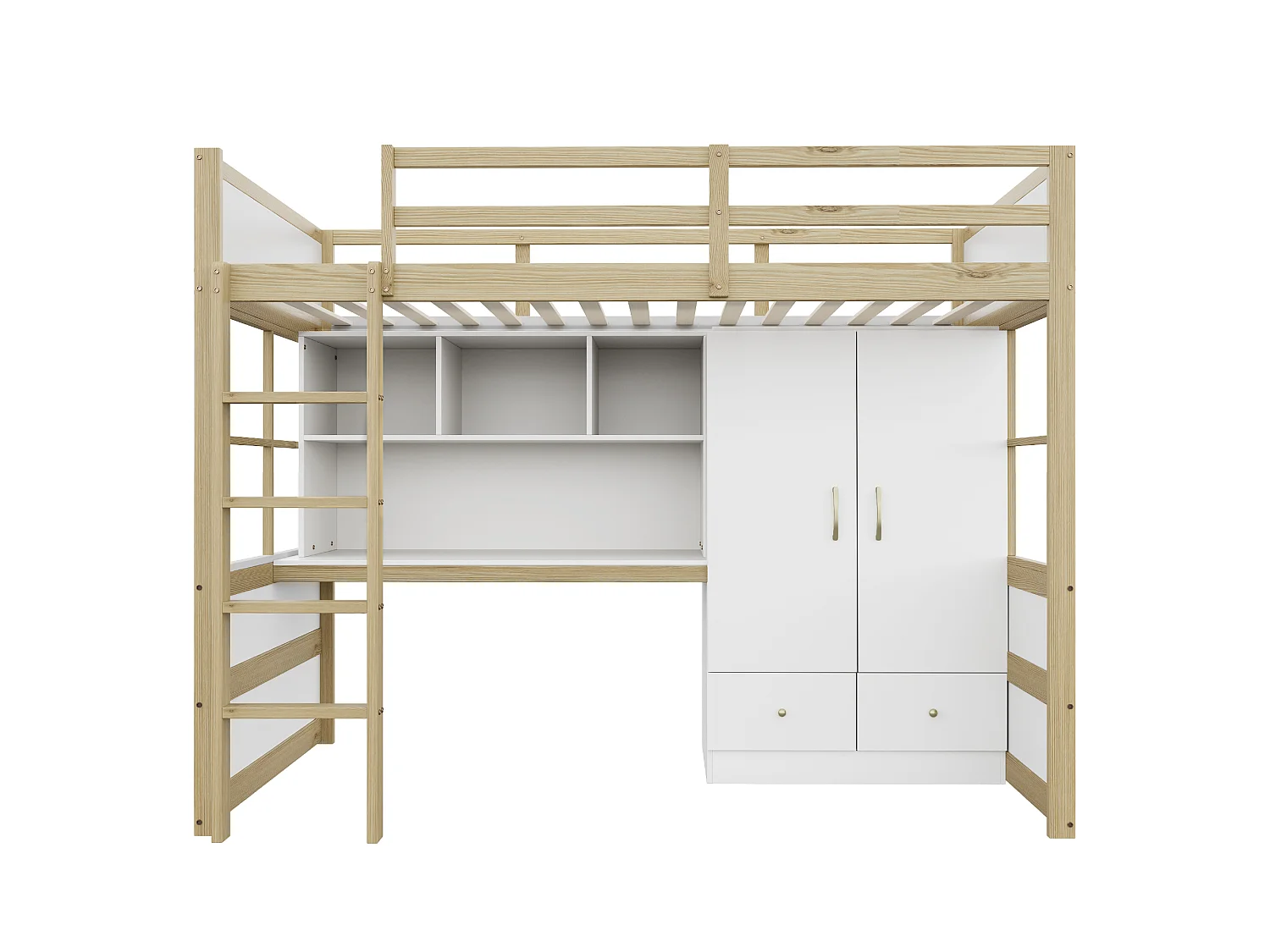 Lit mezzanine 90x200 cm avec bureau, armoire, tiroirs et et rangement, en bois, naturel, sans matelas