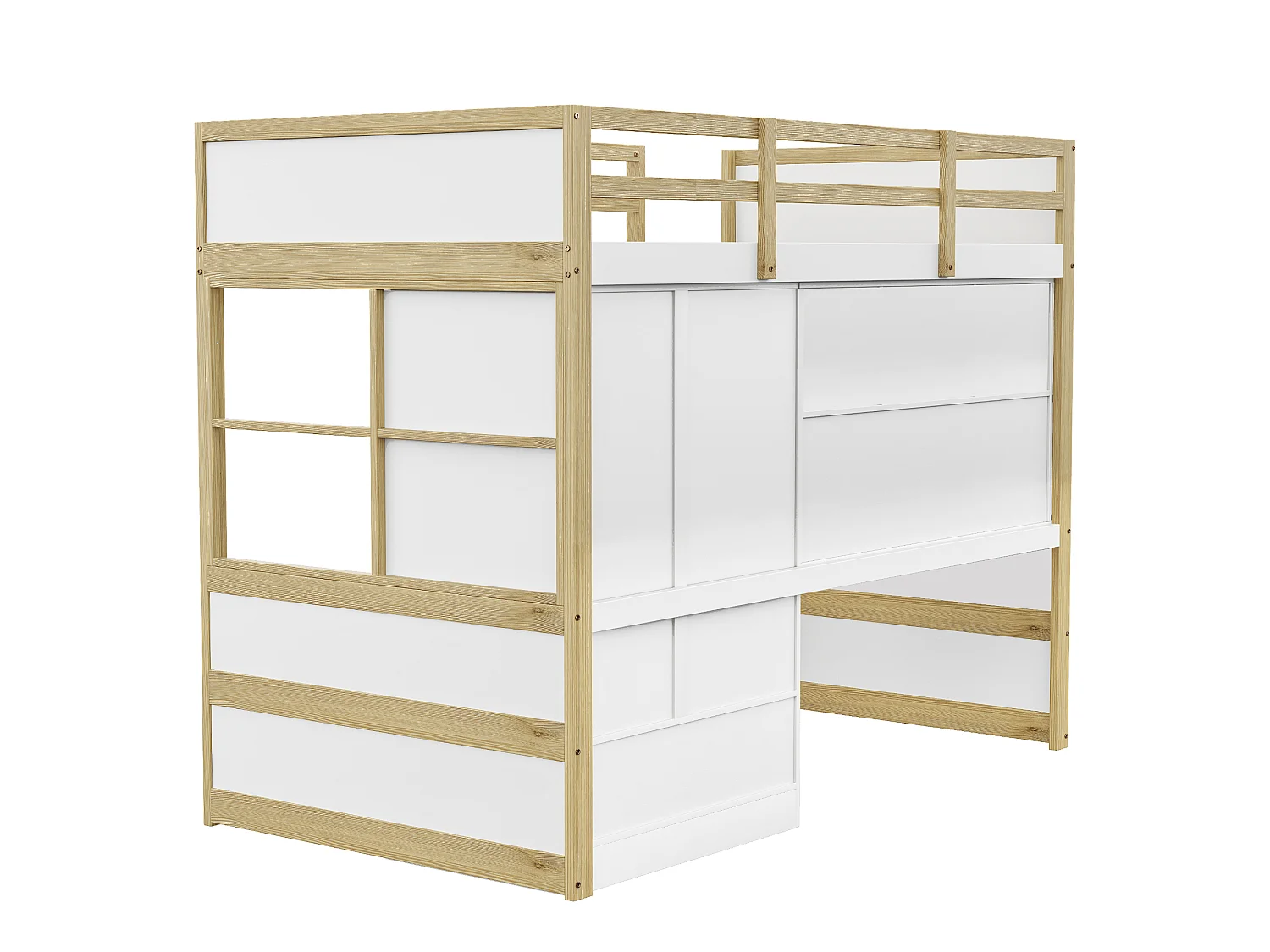Lit mezzanine 90x200 cm avec bureau, armoire, tiroirs et et rangement, en bois, naturel, sans matelas