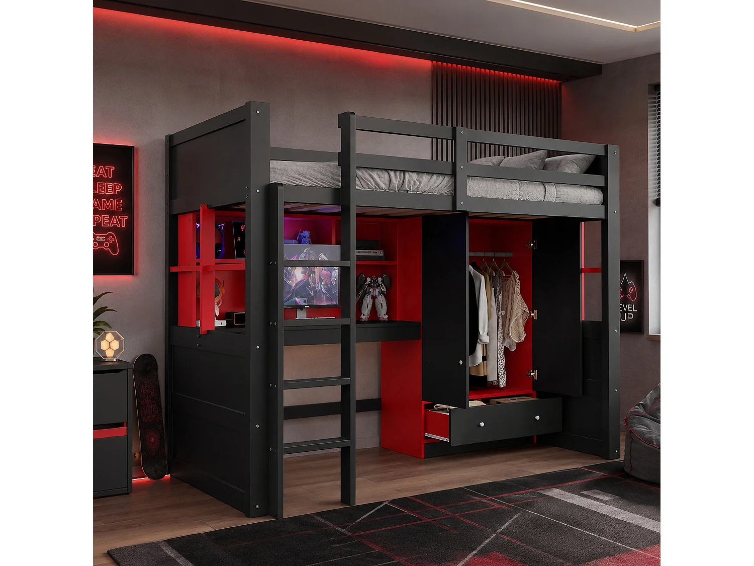 Lit mezzanine 90x200 cm avec bureau et armoire, LED et prises, en bois, noir et rouge, sans matelas