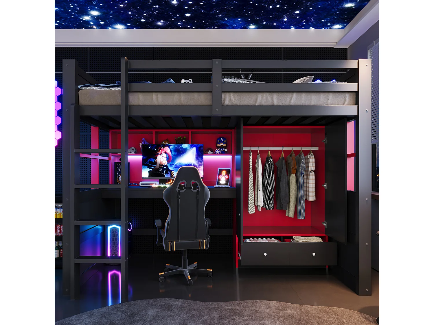 Lit mezzanine 90x200 cm avec bureau et armoire, LED et prises, en bois, noir et rouge, sans matelas