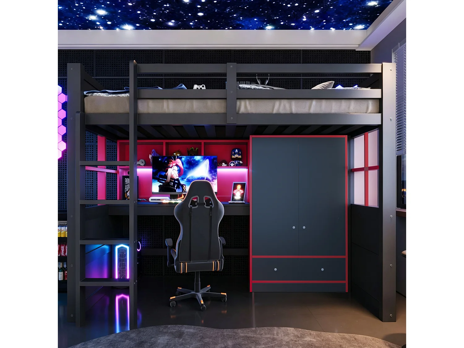 Lit mezzanine 90x200 cm avec bureau et armoire, LED et prises, en bois, noir et rouge, sans matelas