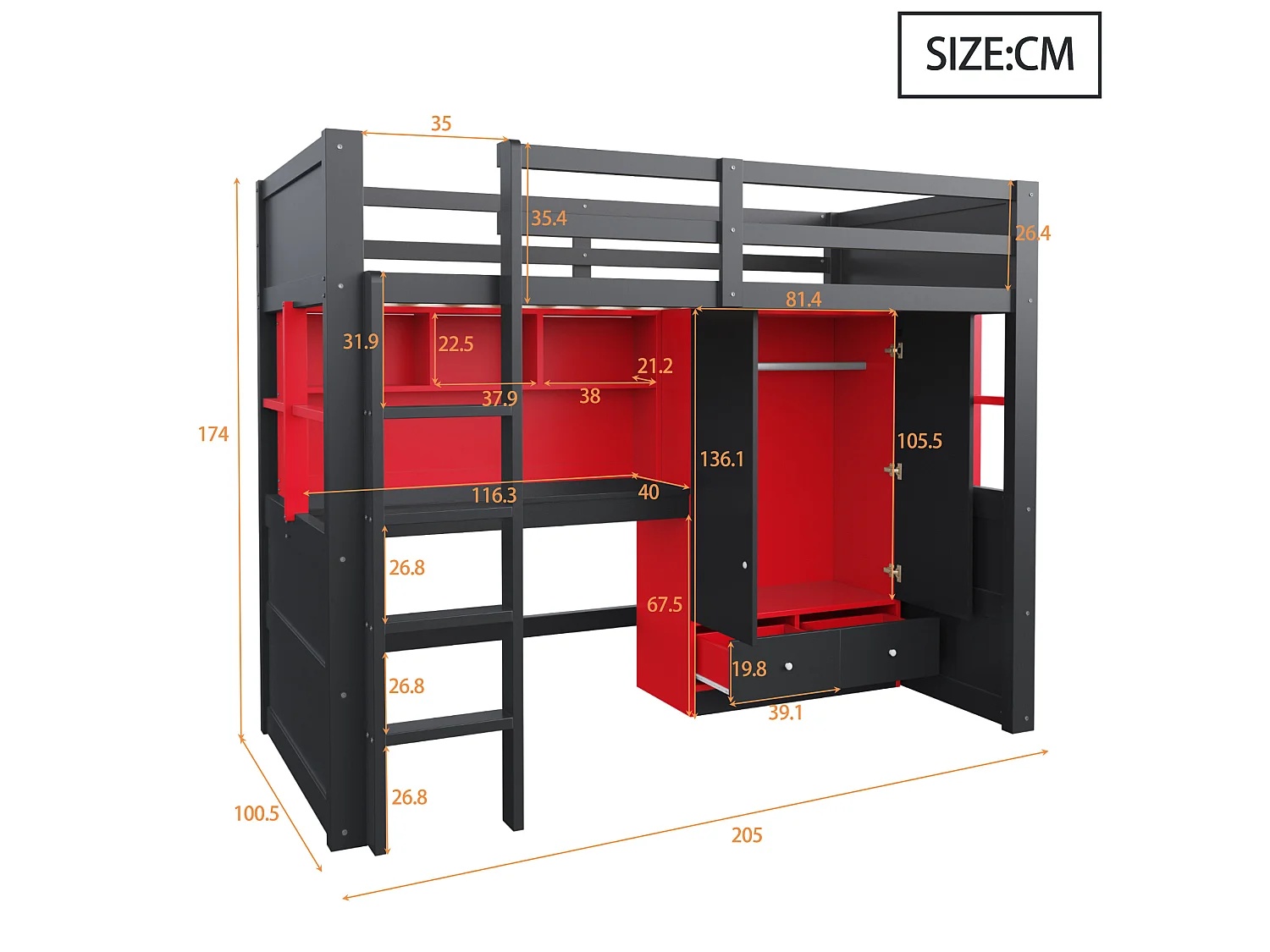 Lit mezzanine 90x200 cm avec bureau et armoire, LED et prises, en bois, noir et rouge, sans matelas