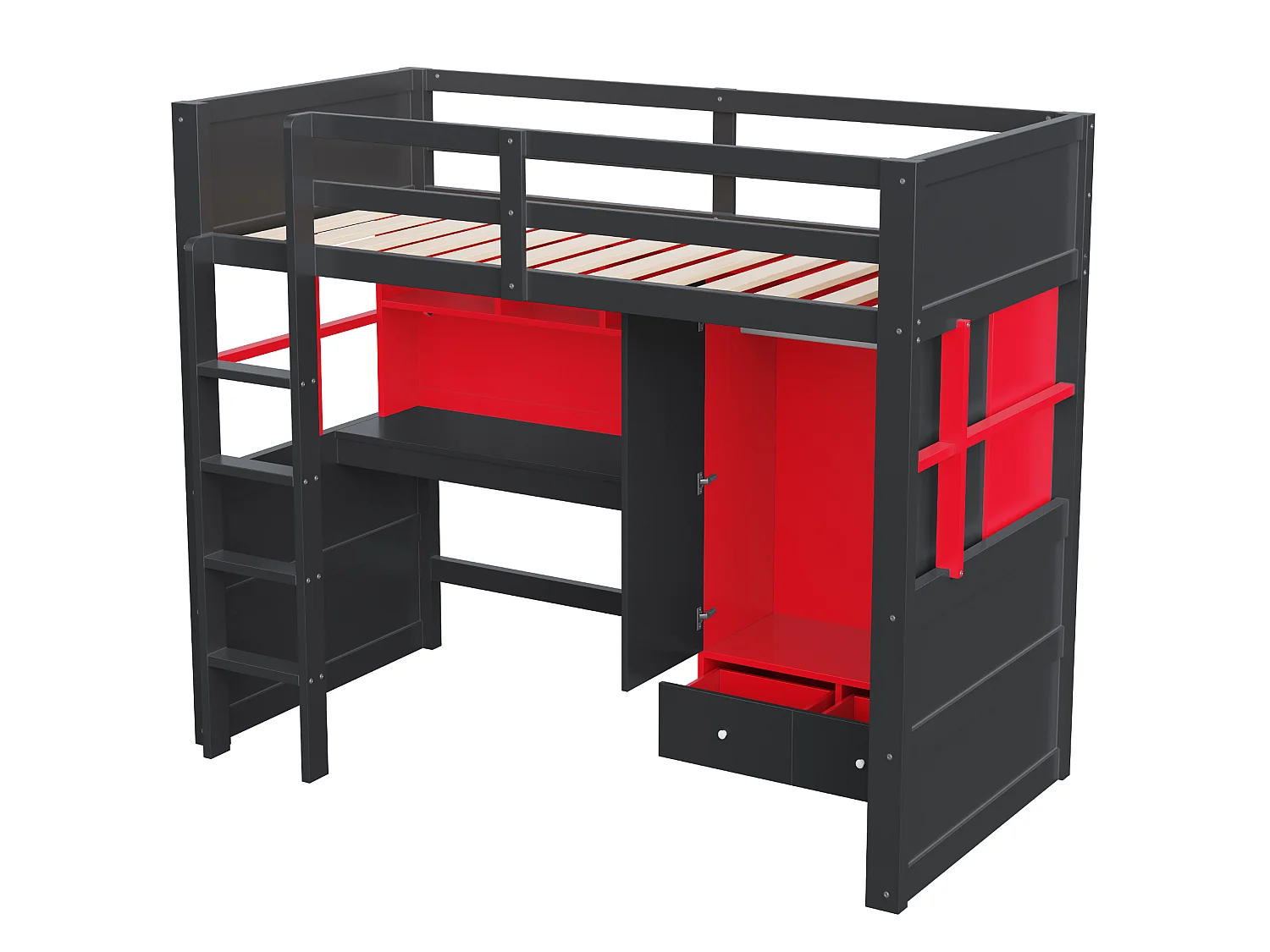 Lit mezzanine 90x200 cm avec bureau et armoire, LED et prises, en bois, noir et rouge, sans matelas
