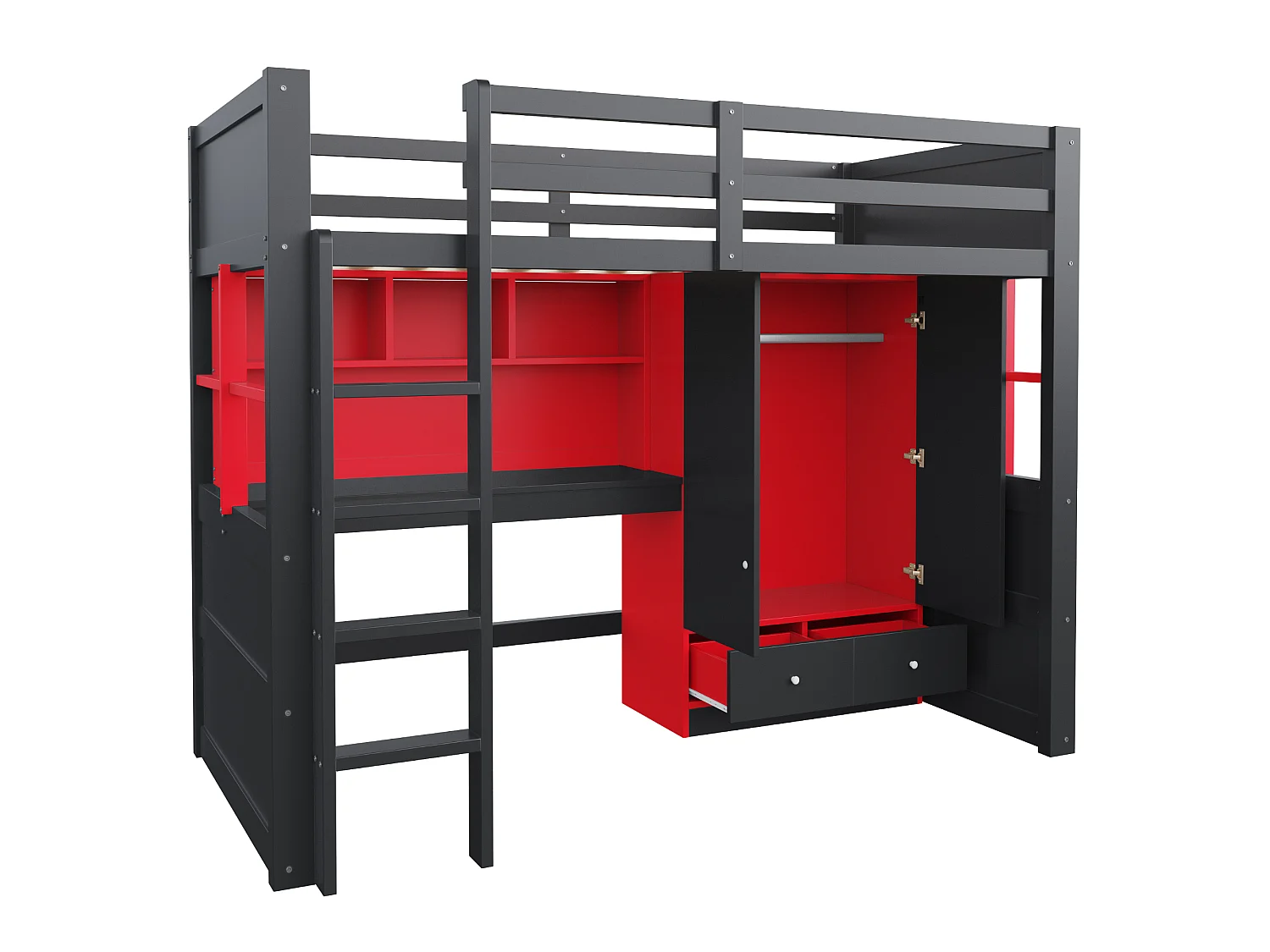 Lit mezzanine 90x200 cm avec bureau et armoire, LED et prises, en bois, noir et rouge, sans matelas