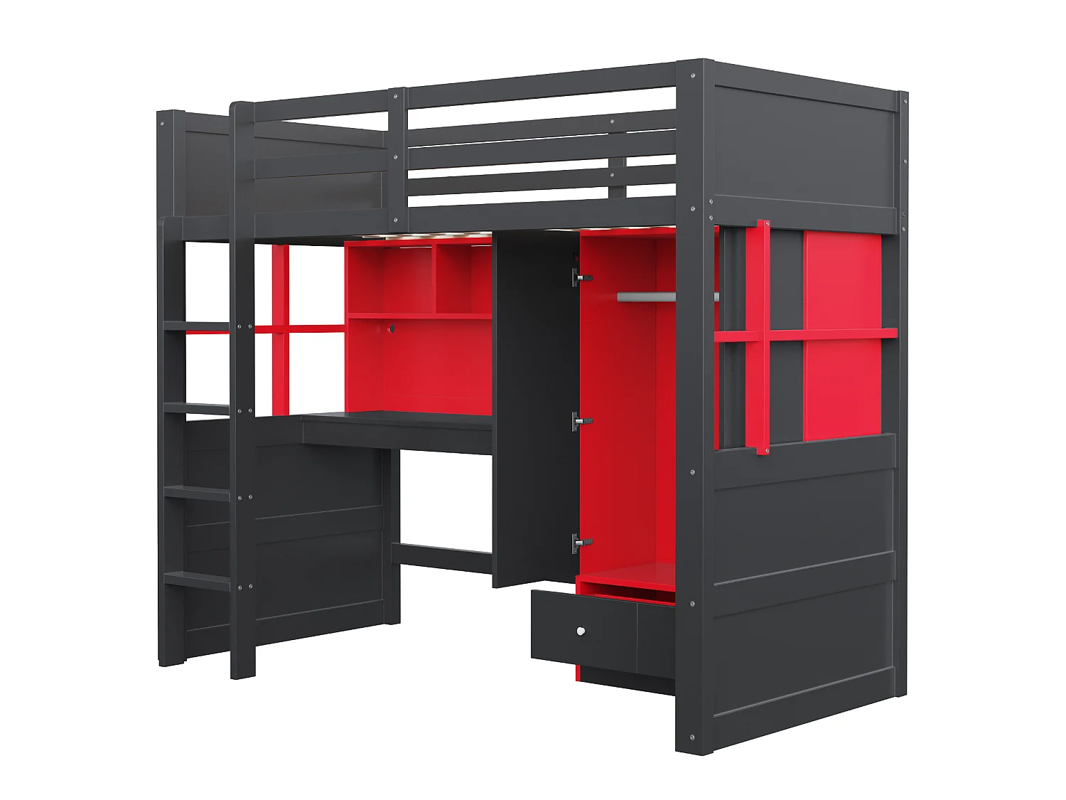 Lit mezzanine 90x200 cm avec bureau et armoire, LED et prises, en bois, noir et rouge, sans matelas