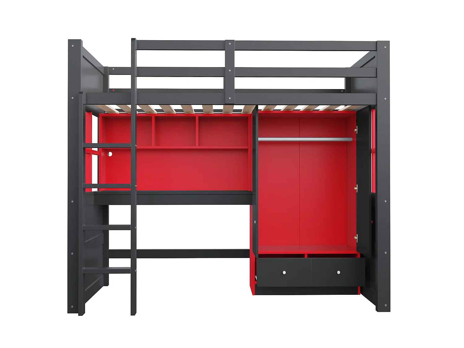 Lit mezzanine 90x200 cm avec bureau et armoire, LED et prises, en bois, noir et rouge, sans matelas