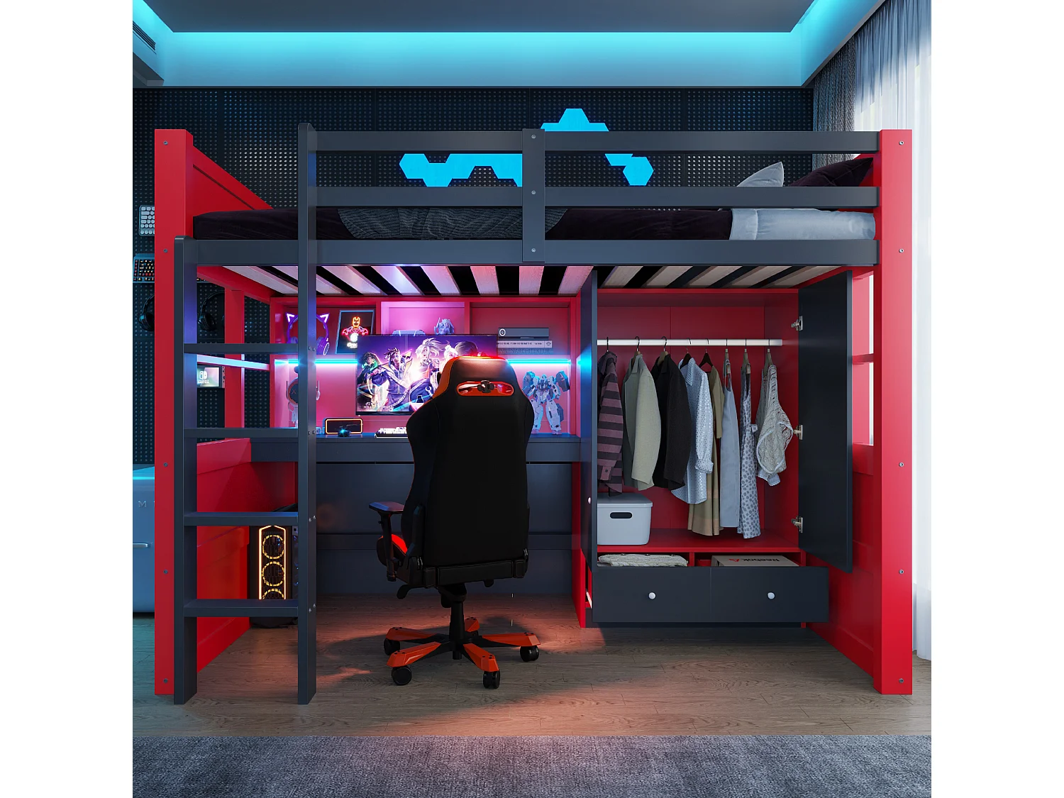 Lit mezzanine 90x200 cm avec bureau et armoire, LED et prises, en bois, rouge et noir, sans matelas