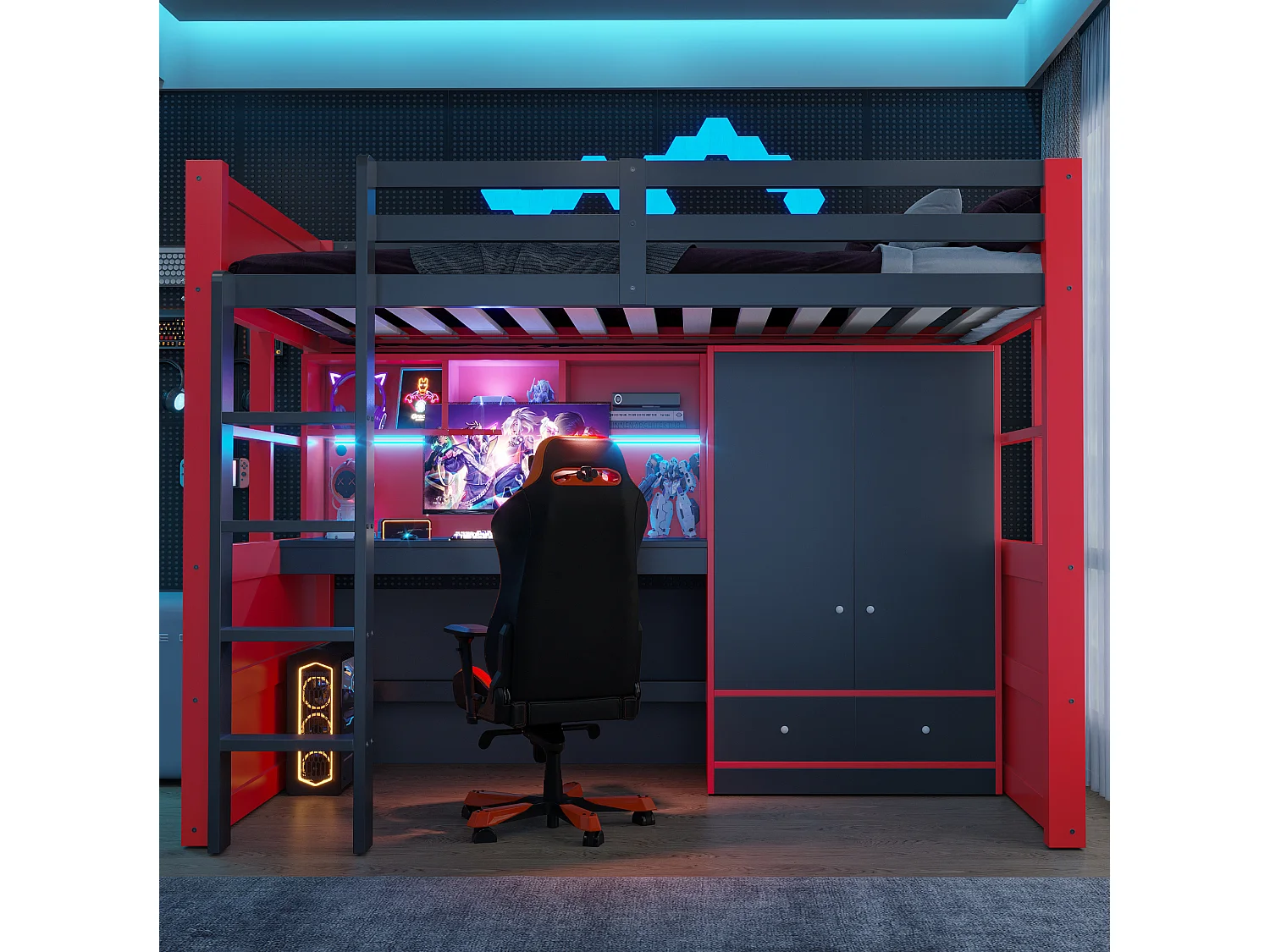Lit mezzanine 90x200 cm avec bureau et armoire, LED et prises, en bois, rouge et noir, sans matelas