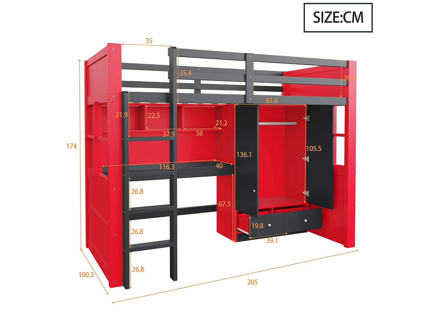 Lit mezzanine 90x200 cm avec bureau et armoire, LED et prises, en bois, rouge et noir, sans matelas