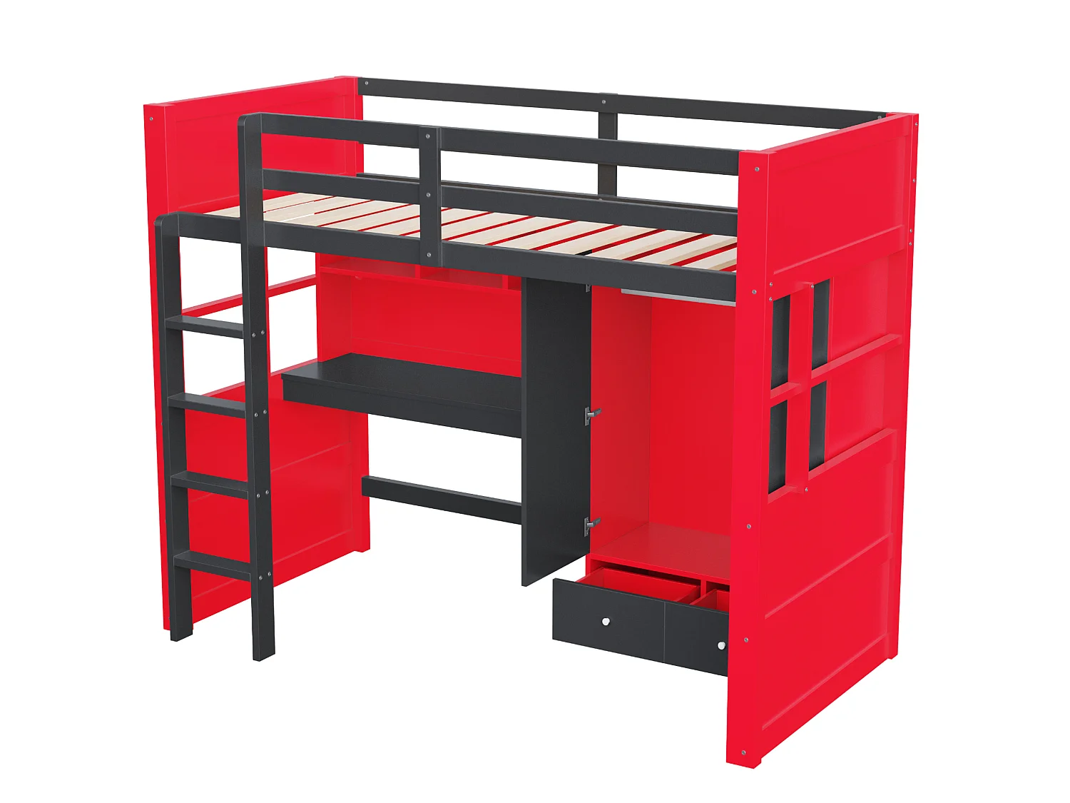 Lit mezzanine 90x200 cm avec bureau et armoire, LED et prises, en bois, rouge et noir, sans matelas