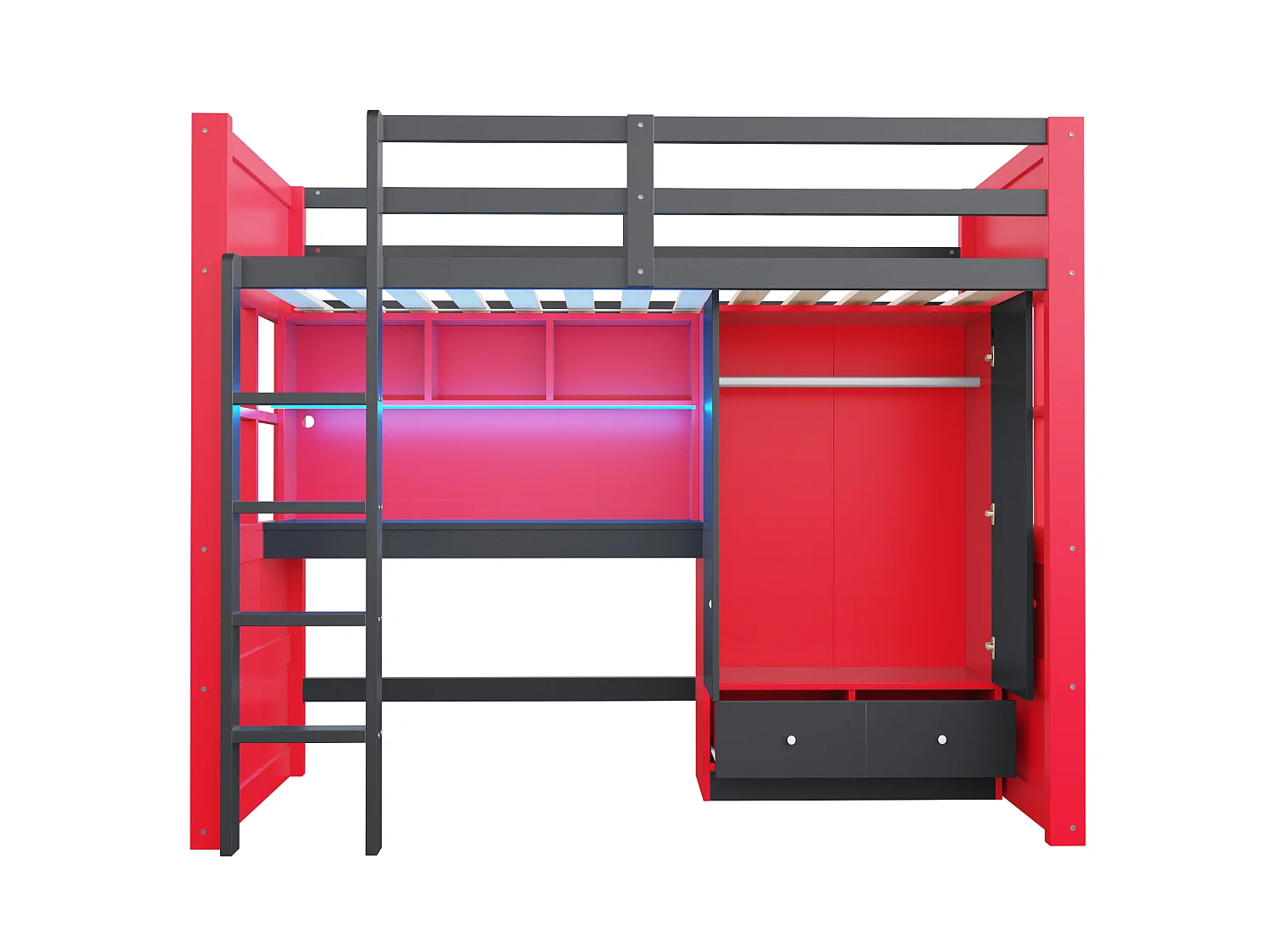 Lit mezzanine 90x200 cm avec bureau et armoire, LED et prises, en bois, rouge et noir, sans matelas