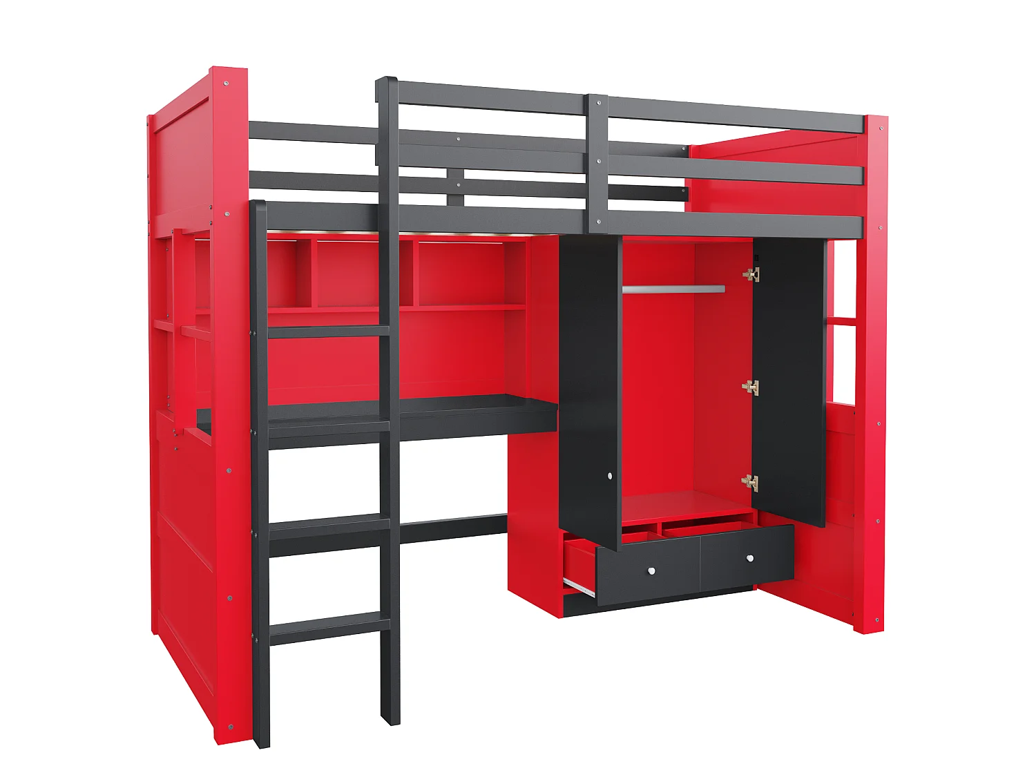 Lit mezzanine 90x200 cm avec bureau et armoire, LED et prises, en bois, rouge et noir, sans matelas