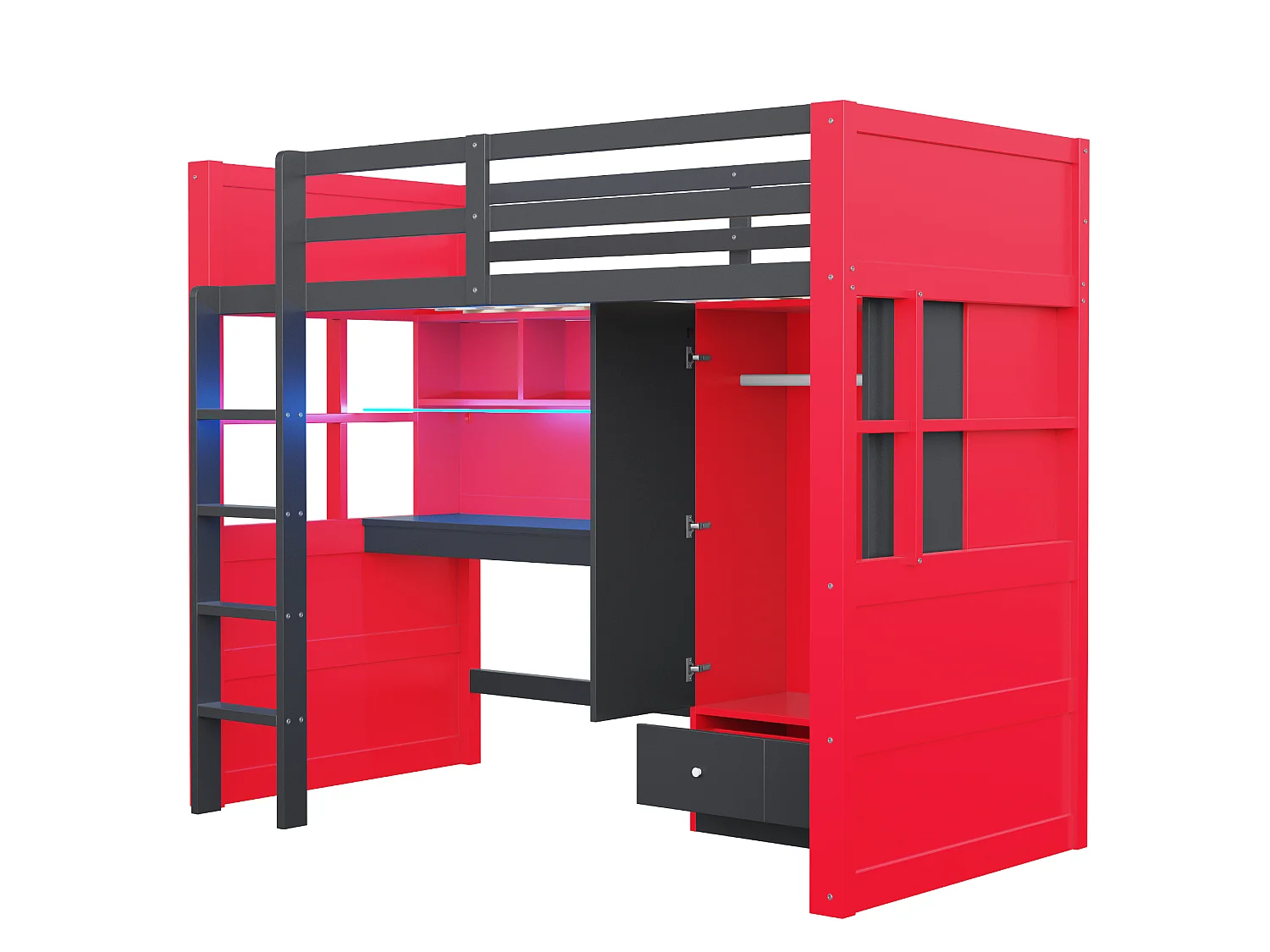 Lit mezzanine 90x200 cm avec bureau et armoire, LED et prises, en bois, rouge et noir, sans matelas