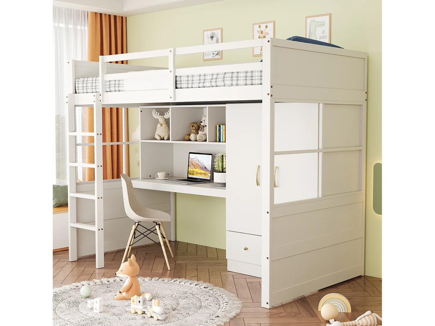 Lit mezzanine 90x200 cm avec bureau, armoire, tiroirs et et rangement, en bois, blanc, sans matelas