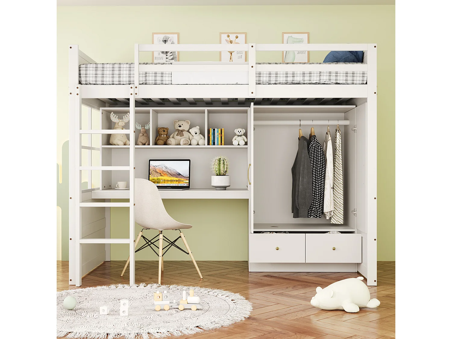 Lit mezzanine 90x200 cm avec bureau, armoire, tiroirs et et rangement, en bois, blanc, sans matelas