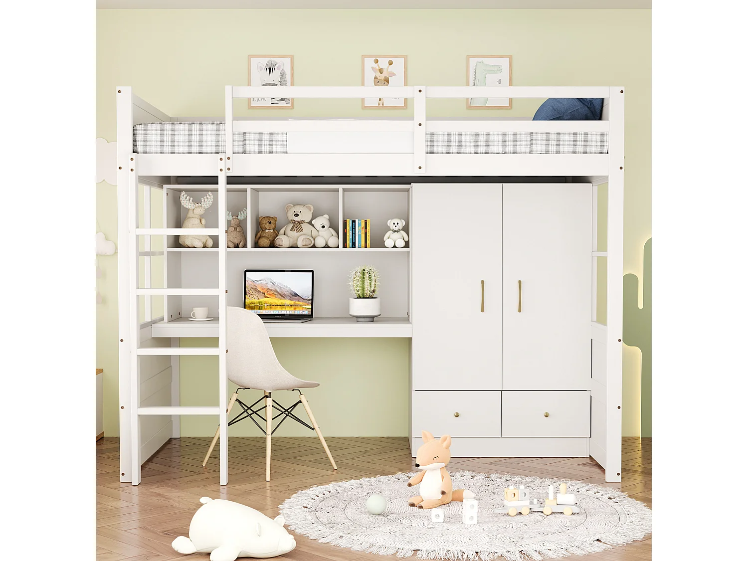 Lit mezzanine 90x200 cm avec bureau, armoire, tiroirs et et rangement, en bois, blanc, sans matelas