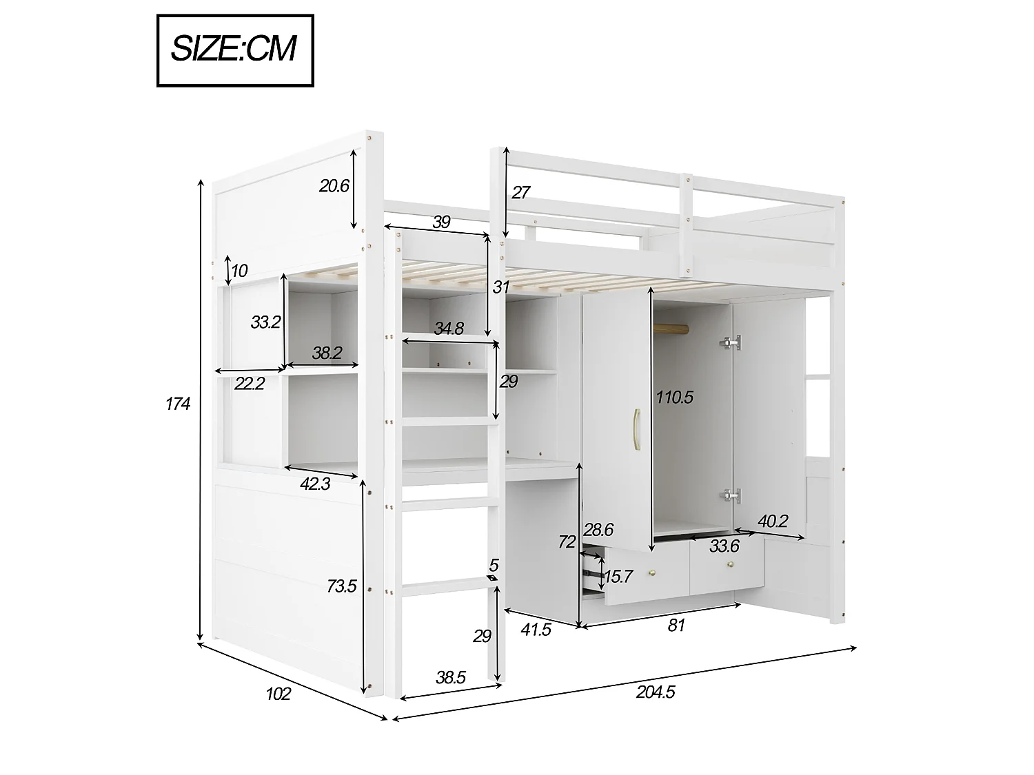Lit mezzanine 90x200 cm avec bureau, armoire, tiroirs et et rangement, en bois, blanc, sans matelas