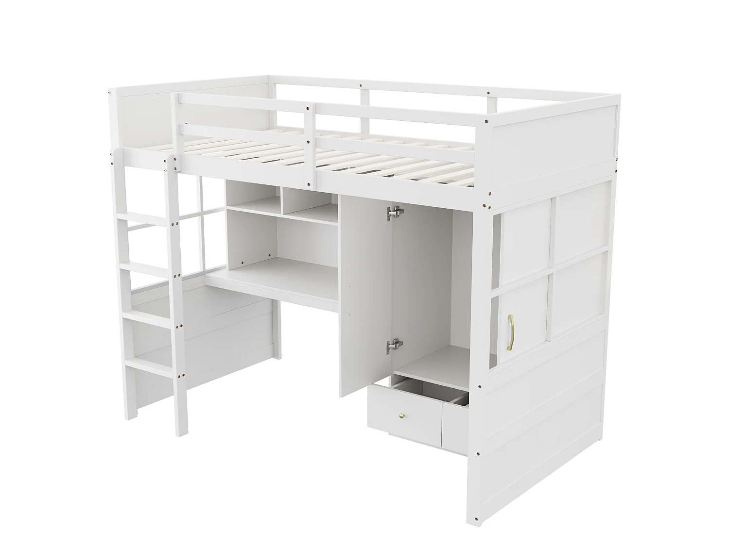 Lit mezzanine 90x200 cm avec bureau, armoire, tiroirs et et rangement, en bois, blanc, sans matelas