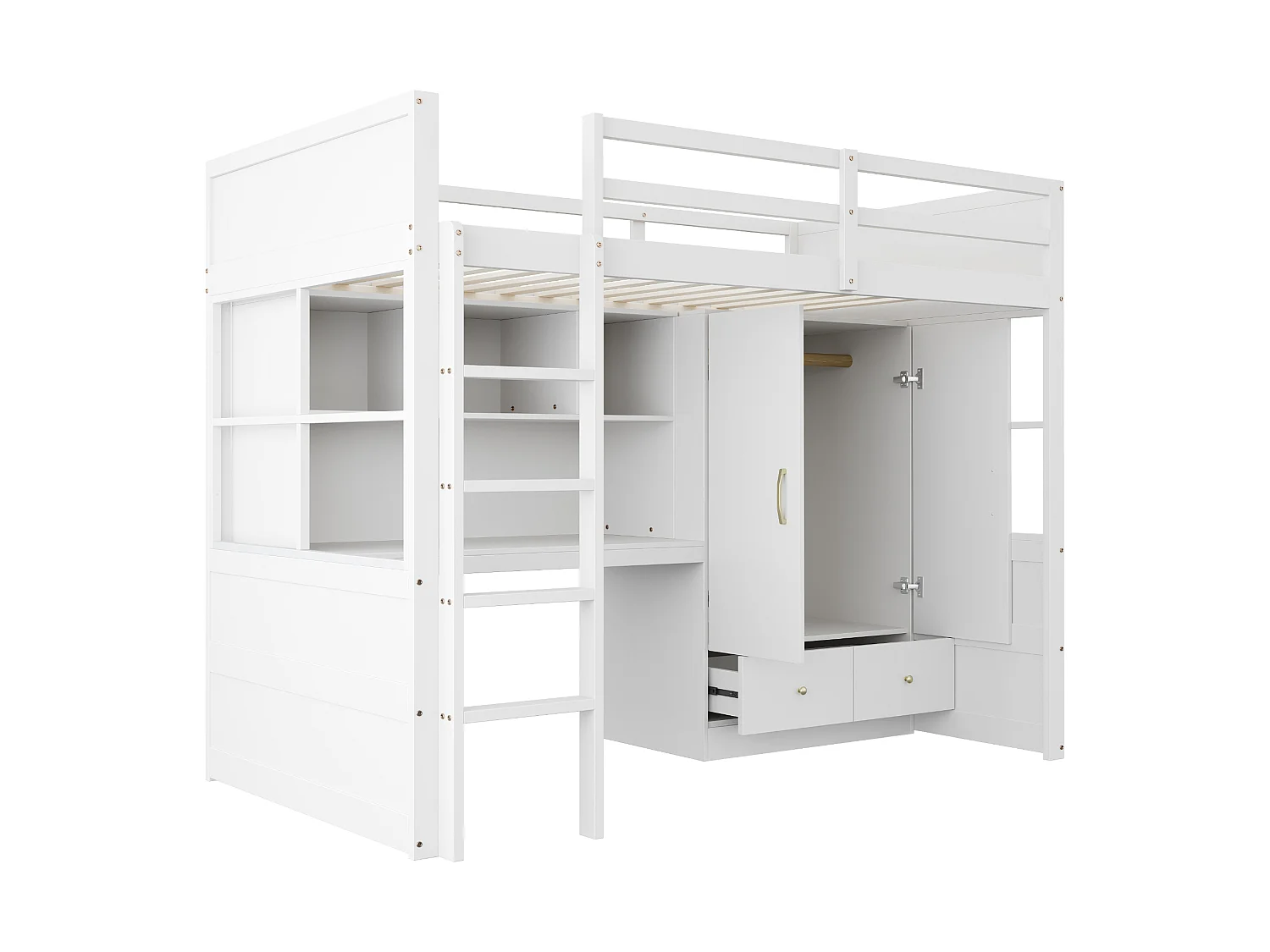 Lit mezzanine 90x200 cm avec bureau, armoire, tiroirs et et rangement, en bois, blanc, sans matelas