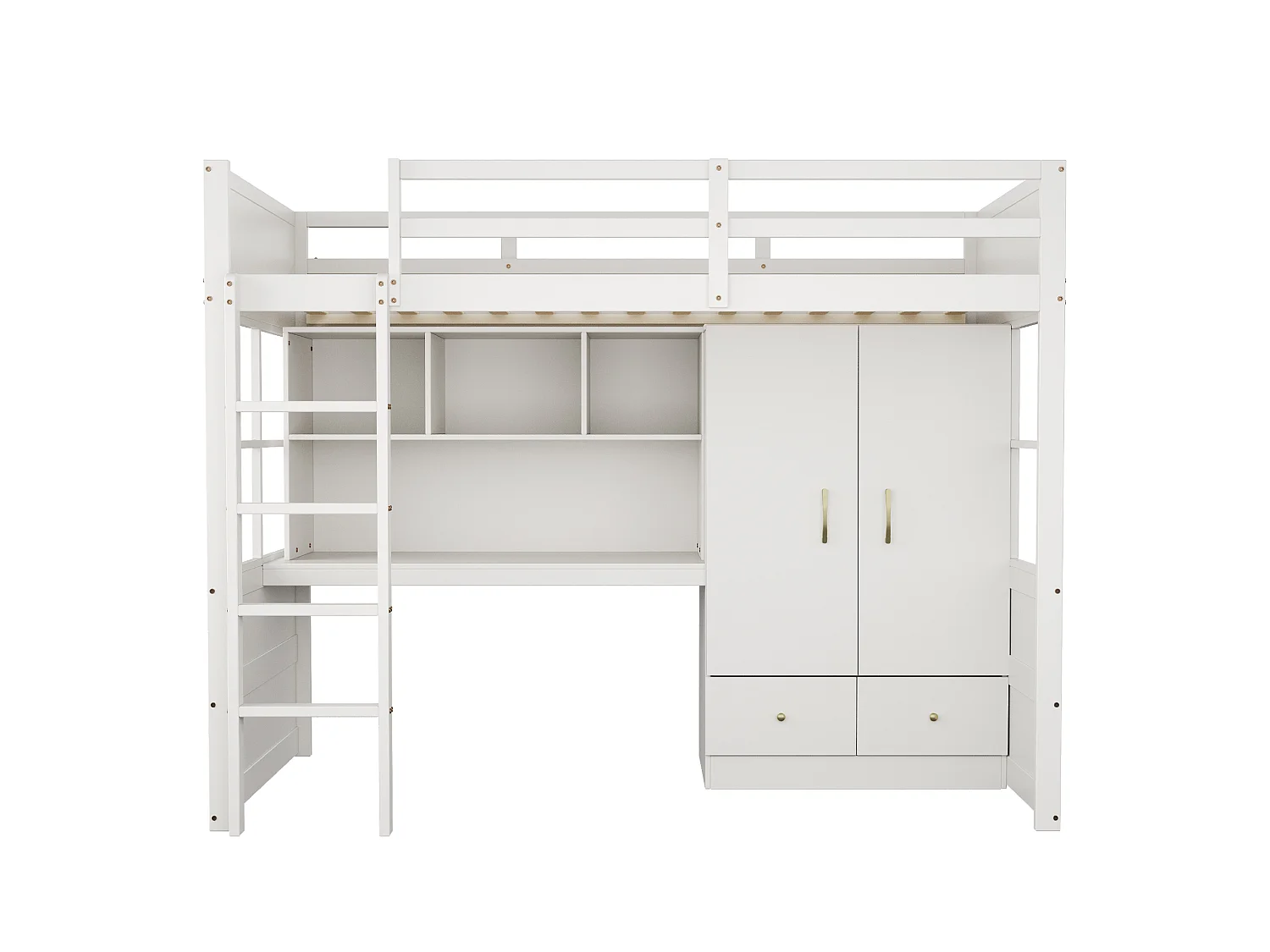 Lit mezzanine 90x200 cm avec bureau, armoire, tiroirs et et rangement, en bois, blanc, sans matelas