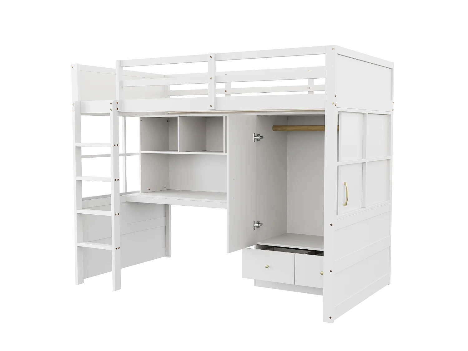 Lit mezzanine 90x200 cm avec bureau, armoire, tiroirs et et rangement, en bois, blanc, sans matelas