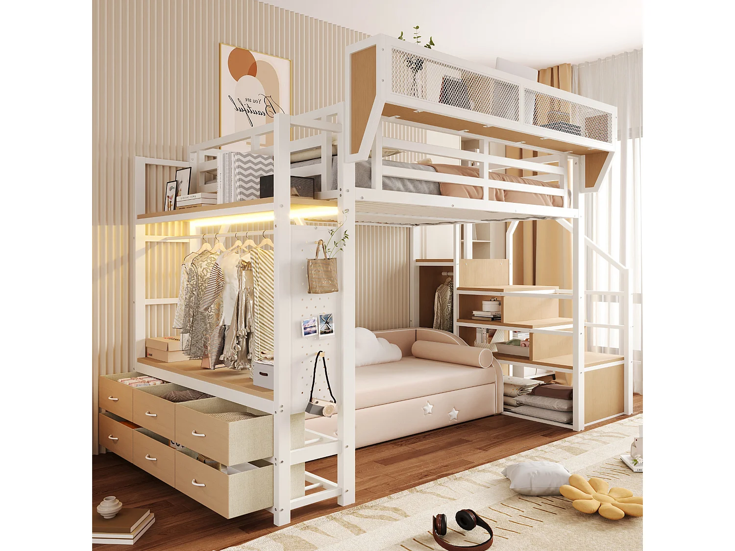 Lit mezzanine 140x200 cm avec LED et rangements, tiroirs et tringle de penderie, en métal, blanc, sans matelas