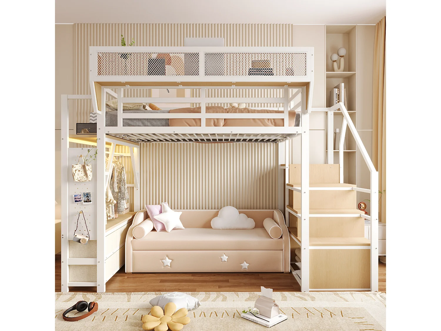 Lit mezzanine 140x200 cm avec LED et rangements, tiroirs et tringle de penderie, en métal, blanc, sans matelas
