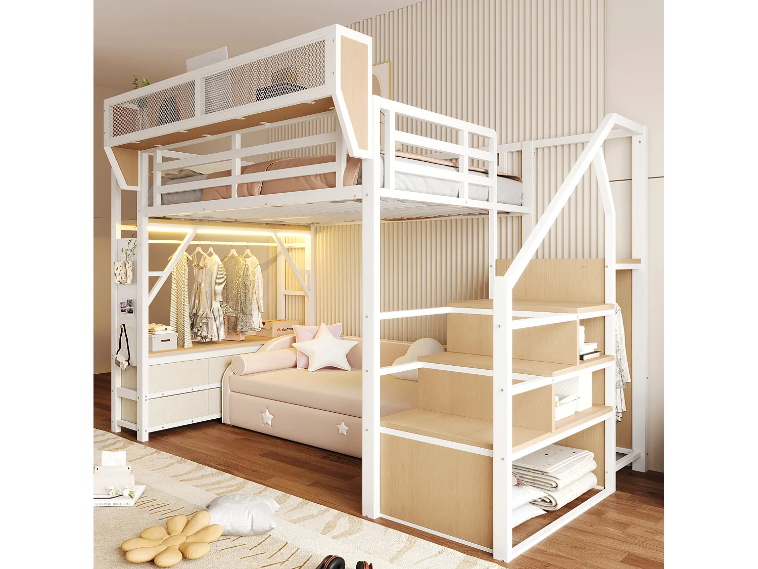 Lit mezzanine 140x200 cm avec LED et rangements, tiroirs et tringle de penderie, en métal, blanc, sans matelas
