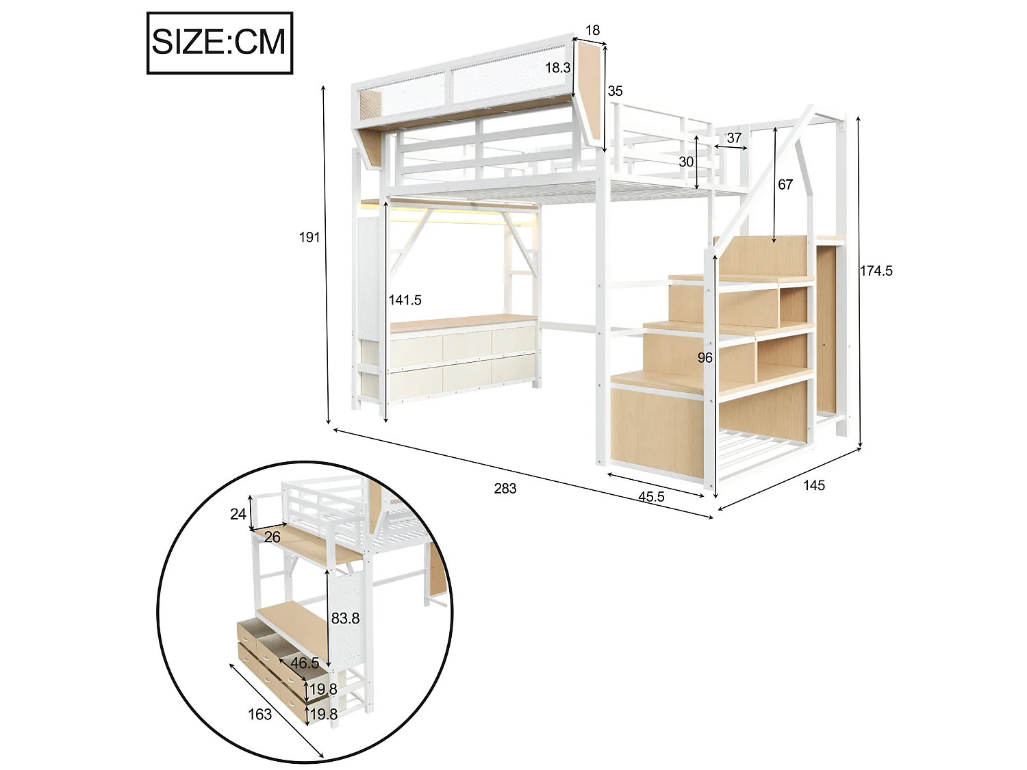 Lit mezzanine 140x200 cm avec LED et rangements, tiroirs et tringle de penderie, en métal, blanc, sans matelas