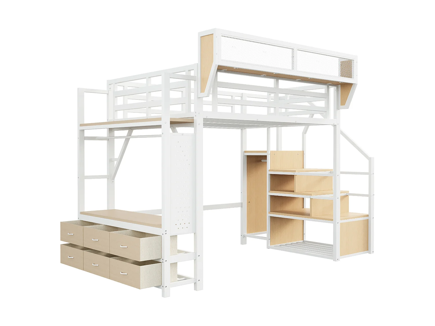 Lit mezzanine 140x200 cm avec LED et rangements, tiroirs et tringle de penderie, en métal, blanc, sans matelas
