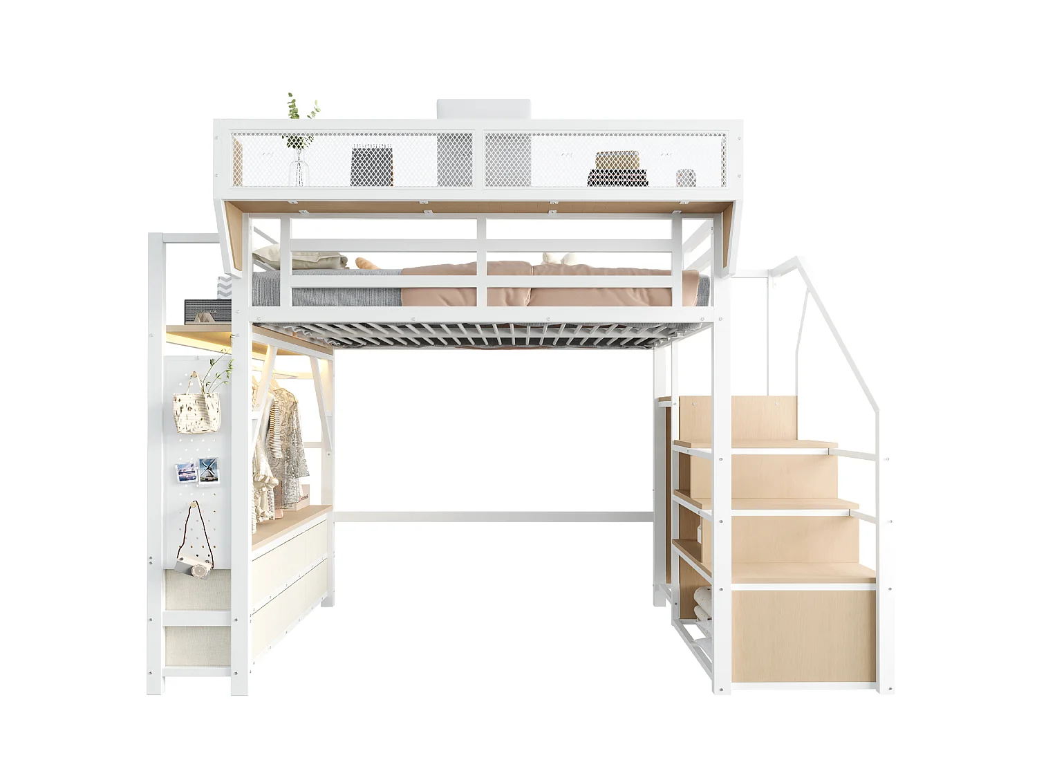 Lit mezzanine 140x200 cm avec LED et rangements, tiroirs et tringle de penderie, en métal, blanc, sans matelas