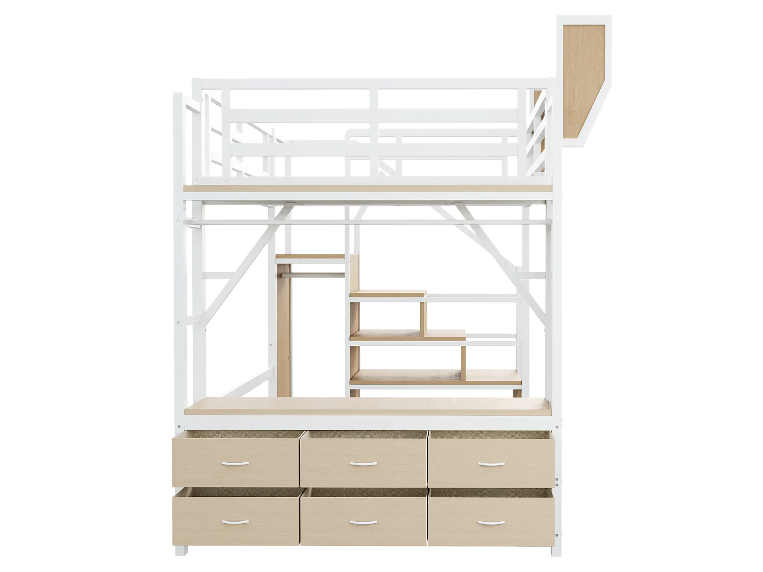 Lit mezzanine 140x200 cm avec LED et rangements, tiroirs et tringle de penderie, en métal, blanc, sans matelas