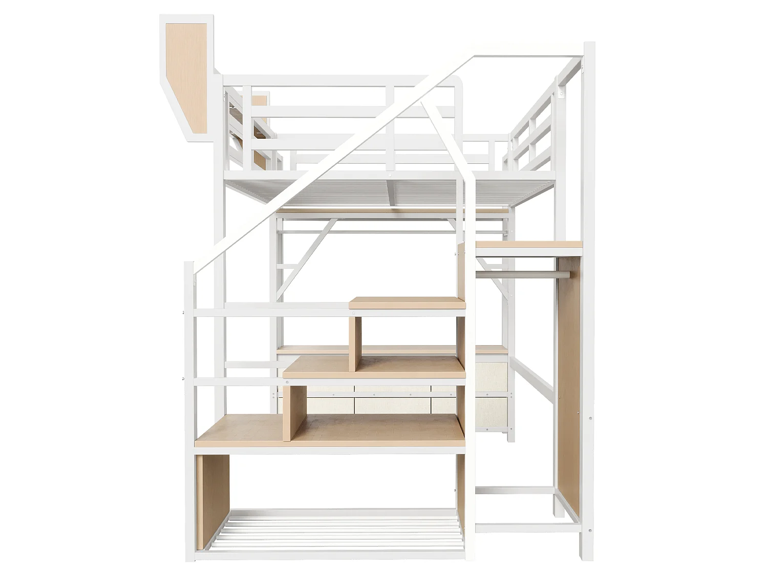 Lit mezzanine 140x200 cm avec LED et rangements, tiroirs et tringle de penderie, en métal, blanc, sans matelas
